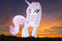 Size: 2048x1367 | Tagged: safe, artist:90sigma, edit, editor:jaredking779, imported from derpibooru, fleur-de-lis, pony, unicorn, female, giant pony, giant unicorn, giantess, highrise ponies, irl, looking at you, macro, mare, mega giant, minneapolis, minnesota, photo, ponies in real life, smiling, solo