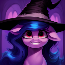 Size: 1024x1024 | Tagged: safe, imported from derpibooru, izzy moonbow, pony, unicorn, ai assisted, ai content, female, g5, generator:pony diffusion v4, generator:purplesmart.ai, generator:stable diffusion, hat, looking at you, mare, missing horn, prompter:siber, smiling, smiling at you, solo, witch hat