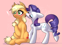 Size: 2055x1578 | Tagged: safe, artist:rtootb, imported from derpibooru, applejack, rarity, earth pony, pony, unicorn, applejack's hat, biting, blushing, cowboy hat, duo, duo female, ear bite, ear kiss, embarrassed, eyes closed, female, g4, girlfriend, green eyes, hat, in love, kissing, lesbian, mare, pink background, raised hoof, rarijack, relationship, shipping, simple background, sitting, standing, surprise kiss