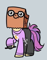 Size: 686x876 | Tagged: safe, artist:paperbagpony, imported from derpibooru, oc, oc only, oc:paper bag, earth pony, pony, clothes, earth pony oc, glasses, gloves, gray background, pants, simple background, solo