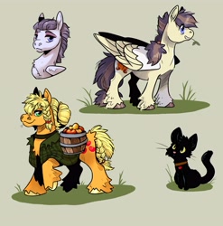 Size: 4000x4050 | Tagged: safe, artist:sandieflower, imported from derpibooru, applejack, inky rose, oc, cat, earth pony, pegasus, pony, absurd resolution, alternate hairstyle, apple, bucket, female, filly, foal, food, green background, inkyjack, lesbian, magical lesbian spawn, mare, offspring, parent:applejack, parent:inky rose, parents:inkyjack, pegasus oc, pet oc, shipping, simple background, straw in mouth, unshorn fetlocks