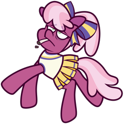 Size: 4864x4856 | Tagged: safe, artist:threetwotwo32232, imported from derpibooru, cheerilee, earth pony, pony, alternate hairstyle, bow, cheerilee is not amused, cheerileeder, cheerleader, cheerleader outfit, cigarette, clothes, female, hair bow, mare, simple background, solo, transparent background, unamused