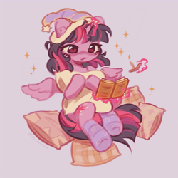 Size: 2550x2550 | Tagged: safe, artist:deadchrltte, imported from derpibooru, twilight sparkle, alicorn, pony, book, clothes, cute, female, glowing, glowing horn, hat, high res, horn, levitation, magic, magic aura, mare, nightcap, pillow, purple background, reading, simple background, socks, solo, sparkles, striped socks, telekinesis, twiabetes, twilight sparkle (alicorn)