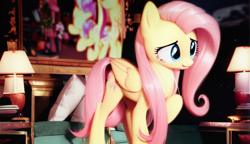 Size: 888x512 | Tagged: safe, imported from derpibooru, fluttershy, pegasus, pony, ai content, ai generated, big eyes, blue eyes, blurry background, cute, detailed, detailed hair, eyes open, flower, folded wings, generator:stable diffusion, hair, pink hair, raised hoof, realistic, room, solo, wings