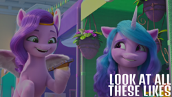 Size: 1920x1080 | Tagged: safe, edit, edited screencap, editor:quoterific, imported from derpibooru, screencap, izzy moonbow, pipp petals, pegasus, pony, unicorn, spoiler:my little pony: make your mark, spoiler:my little pony: make your mark chapter 2, spoiler:myms01e01, adorapipp, cellphone, cute, diadem, duo, duo female, excited, female, flying, g5, grin, happy, headband, izzy does it, izzybetes, jewelry, mare, my little pony: make your mark, my little pony: make your mark chapter 2, nervous, nervous grin, open mouth, open smile, phone, regalia, smartphone, smiling, spread wings, wings, worried smile