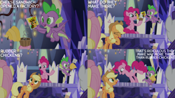 Size: 2000x1125 | Tagged: safe, edit, edited screencap, editor:quoterific, imported from derpibooru, screencap, applejack, cheese sandwich, fluttershy, pinkie pie, rarity, spike, dragon, the last laugh, cutie map, twilight's castle, winged spike, wings
