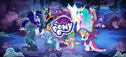 Size: 1666x768 | Tagged: safe, idw, imported from derpibooru, discord, larry, nightmare rarity, princess celestia, rarity, shadowfright, spike, trixie, alicorn, bat pony, draconequus, dragon, unicorn, female, gameloft, idw showified, loading screen, male, mare, my little pony logo, my little pony: magic princess, nightmare forces, official, stallion, video game, winged spike, wings