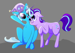 Size: 4961x3508 | Tagged: safe, artist:estellewdp, imported from derpibooru, starlight glimmer, trixie, pony, unicorn, chest fluff, duo, duo female, ear fluff, female, gray background, lesbian, looking at each other, looking at someone, shipping, simple background, sitting, standing, startrix
