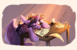 Size: 3000x1963 | Tagged: safe, artist:djkaskan, imported from derpibooru, twilight sparkle, alicorn, book, candle, crepuscular rays, drool, floppy ears, ink, inkwell, morning, quill, sleeping, solo, table, twilight sparkle (alicorn)