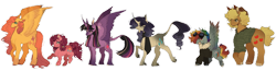 Size: 1280x333 | Tagged: safe, artist:mynameislazy, imported from derpibooru, applejack, fluttershy, pinkie pie, rainbow dash, rarity, twilight sparkle, alicorn, pegasus, pony, unicorn, accessory, chest fluff, clothes, curved horn, goggles, group, horn, jacket, leonine tail, redesign, scarf, shirt, simple background, size difference, tail, transparent background, twilight sparkle (alicorn)