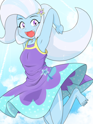 Size: 1668x2224 | Tagged: safe, alternate version, artist:batipin, imported from derpibooru, trixie, human, equestria girls, clothes, cute, diatrixes, dress, eyebrows, feet, female, hairpin, looking at you, open mouth, open smile, smiling, smiling at you, solo