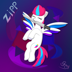 Size: 6000x6000 | Tagged: safe, artist:sadesix, derpibooru exclusive, imported from derpibooru, zipp storm, pegasus, pony, eyes closed, g5, katana, mouth hold, solo, sword, vector, weapon
