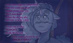 Size: 1195x716 | Tagged: safe, anonymous artist, imported from derpibooru, opaline arcana, pony, unicorn, series:misty pov, spoiler:g5, abuse, female, floppy ears, g5, gaslighting, mare, misty brightdawn, misty can't catch a break, misty deserves better, offscreen character, opabitch, shaking