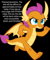Size: 1280x1531 | Tagged: safe, artist:cloudy glow, edit, imported from derpibooru, smolder, dragon, derpibooru, black background, deviantart, dragoness, female, fist, meta, planned downtime, running, simple background, solo, text edit