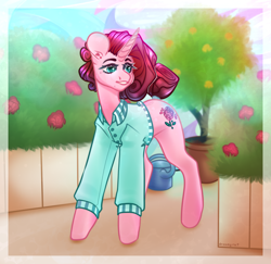 Size: 4000x3894 | Tagged: safe, artist:dreamyrat, imported from derpibooru, oc, oc only, pony, unicorn, blue eyes, commission, greenhouse, horn, open mouth, open smile, pink hair, smiling, solo, unicorn oc