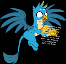 Size: 350x342 | Tagged: safe, edit, imported from derpibooru, gallus, griffon, derpibooru, black background, gallusposting, holding sign, male, meta, planned downtime, simple background, solo, text edit