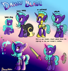 Size: 1024x1063 | Tagged: safe, artist:princessfaeron, imported from derpibooru, oc, oc only, oc:dawn blade, pony, unicorn, armor, clothes, dress, female, gala dress, gradient background, horn, magic, mare, reference sheet, shield, solo, sword, unicorn oc, weapon