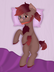 Size: 2640x3497 | Tagged: safe, artist:embermare, artist:emberstoneeqf, imported from derpibooru, oc, oc only, earth pony, pony, beard, bed, bedroom eyes, bedsheets, blanket, blushing, chest fluff, commission, earth pony oc, facial hair, glasses, looking at you, lying down, simple background, solo