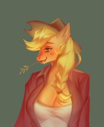 Size: 1245x1515 | Tagged: safe, artist:korinomori, imported from derpibooru, applejack, anthro, braid, breasts, busty applejack, cleavage, female, solo, straw in mouth