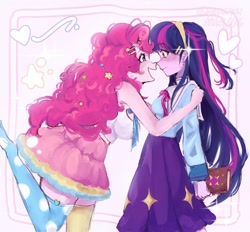 Size: 1440x1337 | Tagged: safe, artist:mikaoruu, imported from derpibooru, pinkie pie, twilight sparkle, human, equestria girls, book, clothes, cute, dress, duo, female, happy, lesbian, looking at each other, looking at someone, open mouth, open smile, shipping, smiling, twinkie