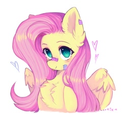 Size: 938x856 | Tagged: safe, artist:lerkfruitbat, imported from derpibooru, fluttershy, pegasus, pony, bandaid, bandaid on nose, chest fluff, cute, ear fluff, female, fluffy, heart, looking at you, mare, shyabetes, sidemouth, signature, simple background, smiling, solo, spread wings, white background, wing fluff, wings