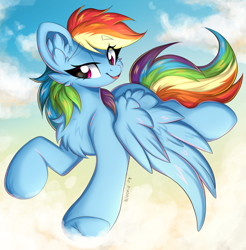 Size: 3154x3210 | Tagged: safe, artist:woonborg, imported from derpibooru, rainbow dash, pegasus, pony, chest fluff, cloud, ear fluff, faic, female, flying, frog (hoof), high res, mare, sky, smiling, smirk, smug, smugdash, solo, speedpaint, spread wings, time-lapse, underhoof, wings
