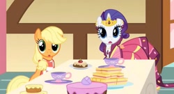 Size: 2132x1155 | Tagged: safe, imported from derpibooru, screencap, applejack, rarity, earth pony, pony, unicorn, a bird in the hoof, clothes, cute, dress, food, gala dress, jackabetes, missing accessory, raribetes, surprised, table