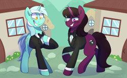 Size: 2600x1600 | Tagged: safe, artist:2k.bugbytes, imported from derpibooru, lyra heartstrings, oc, oc:heart drive, pony, unicorn, bowtie, butt freckles, clothes, commission, detailed background, duo, duo female, female, freckles, gentlemare lyra, glasses, horn, mare, ponybooru mascot, raised hoof, raised leg, smiling, tuxedo, unicorn oc
