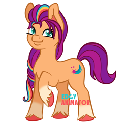 Size: 2000x2000 | Tagged: safe, artist:edgyanimator, imported from derpibooru, sunny starscout, earth pony, pony, coat markings, cute, ear fluff, female, firealpaca, g5, green eyes, looking at you, mare, markings, orange coat, purple hair, raised hoof, simple, simple background, smiling, smiling at you, socks (coat markings), solo, sunnybetes, unshorn fetlocks, white background