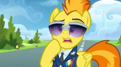 Size: 2153x1196 | Tagged: safe, imported from derpibooru, screencap, spitfire, top bolt, clothes, drill sergeant, female, necktie, palindrome get, suit, sunglasses, uniform, wonderbolts dress uniform