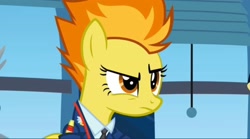 Size: 2160x1202 | Tagged: safe, imported from derpibooru, screencap, spitfire, pegasus, pony, wonderbolts academy, clothes, drill sergeant, female, necktie, office, spitfire's office, suit, uniform, window, wonderbolts dress uniform