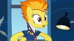 Size: 2145x1204 | Tagged: safe, imported from derpibooru, screencap, spitfire, pegasus, pony, wonderbolts academy, clothes, desk, drill sergeant, female, necktie, office, shocked, spitfire's office, suit, surprised, uniform, wonderbolts dress uniform