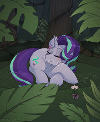 Size: 1472x1789 | Tagged: safe, artist:2k.bugbytes, imported from derpibooru, starlight glimmer, pony, unicorn, bush, cute, eyes closed, female, flower, flower in hair, forest, glimmerbetes, grass, jungle, lying down, mare, moss, outdoors, plant, prone, sleeping, solo, tree, vine