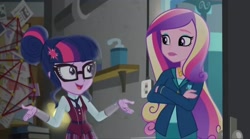 Size: 2160x1200 | Tagged: safe, imported from derpibooru, screencap, sci-twi, twilight sparkle, human, equestria girls, friendship games, clothes, crystal prep academy, crystal prep academy uniform, dean cadance, duo, female, glasses, necktie, school, school uniform, schoolgirl, uniform