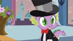 Size: 2160x1209 | Tagged: safe, imported from derpibooru, screencap, spike, dragon, a canterlot wedding, bowtie, canterlot, canterlot castle, clothes, cuffs (clothes), force field, hat, male, royal wedding, ruffled shirt, shocked, suit, surprised, tailcoat, top hat, tuxedo, wedding