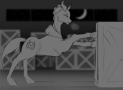 Size: 903x663 | Tagged: safe, artist:veles, imported from twibooru, oc, pony, crate, image, monochrome, png, sketch, solo, warehouse, workout