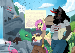 Size: 1199x848 | Tagged: safe, artist:zwitterkitsune, imported from twibooru, fluttershy, king sombra, anthro, pegasus, umbrum, unicorn, she talks to angel, animal, butterscotch, clothes, colored horn, commission, curved horn, dialogue, female, horn, image, male, png, queen umbra, rule 63, shipping, sombra's horn, sombrashy, straight, sweet feather sanctuary, umbrascotch