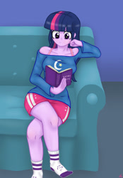 Size: 1280x1840 | Tagged: safe, artist:lennondash, imported from derpibooru, twilight, twilight sparkle, twilight twinkle, human, equestria girls, book, clothes, couch, crossed legs, cutie mark on clothes, g1, missing shoes, reading, shirt, shorts, socks, solo, stocking feet
