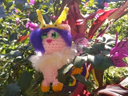 Size: 2399x1800 | Tagged: safe, artist:casquitos kawaii, imported from derpibooru, pipp petals, bee, bee pony, hybrid, original species, amigurumi, bumblebee, bumblebipp, crochet, flower, g5, handmade, irl, photo, plushie, solo