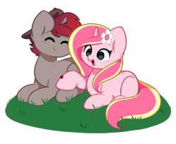 Size: 2676x2180 | Tagged: safe, artist:kittyrosie, imported from derpibooru, oc, oc:rosa flame, pony, unicorn, horn, oc x oc, open mouth, shipping, simple background, transparent background, unicorn oc