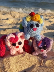 Size: 1800x2399 | Tagged: safe, artist:casquitos kawaii, imported from derpibooru, pinkie pie, rainbow dash, twilight sparkle, alicorn, earth pony, pony, unicorn, amigurumi, beach, crochet, handmade, irl, mexico, ocean, photo, plushie, sand, solo, twilight sparkle (alicorn), water