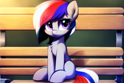 Size: 1536x1024 | Tagged: safe, editor:flitter4935, imported from derpibooru, oc, oc only, oc:yuupi, earth pony, pony, ai content, ai generated, bench, cute, earth pony oc, female, generator:novelai, generator:stable diffusion, looking at you, sitting, solo