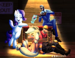 Size: 1382x1080 | Tagged: safe, artist:lycantrin, imported from derpibooru, applejack, rarity, earth pony, human, pony, unicorn, alcohol, applejack is not amused, blushing, colored hooves, crossover, dim light, dramatic lighting, engineer, magic, signs, spy, standing, standing on two hooves, team fortress 2, telekinesis, tied up, unamused, unshorn fetlocks, wine