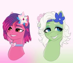 Size: 1022x883 | Tagged: safe, artist:aztrial, imported from derpibooru, earth pony, pony, beautiful, collar, dreadlocks, dreamlands, flower, flower in hair, g5, gradient background, grin, headband, heart, ruby jubilee, smiling