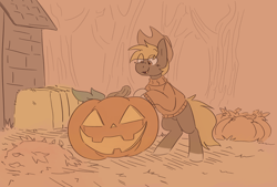 Size: 2846x1920 | Tagged: safe, artist:2k.bugbytes, imported from derpibooru, oc, oc only, oc:acres, earth pony, pony, clothes, cowboy hat, earth pony oc, halloween, hat, hay bale, holiday, jack-o-lantern, leaf pile, male, open mouth, open smile, pumpkin, smiling, solo, stallion, stetson, sweater