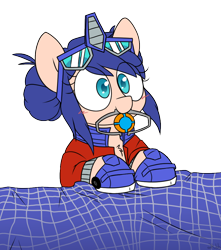 Size: 864x978 | Tagged: safe, artist:2k.bugbytes, imported from derpibooru, kotobukiya, earth pony, pony, blanket, blushing, clothes, crossover, female, goggles, jacket, mare, matrix of leadership, mouth hold, optimus prime, ponified, rule 63, shoes, simple background, transformers, transparent background