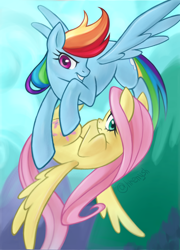 Size: 1082x1500 | Tagged: safe, artist:hrenysh, imported from derpibooru, fluttershy, rainbow dash, pegasus, pony, duo, flying, grin, looking at you, smiling, spread wings, wings