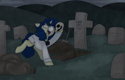 Size: 3000x1920 | Tagged: safe, artist:2k.bugbytes, imported from derpibooru, oc, oc only, oc:flash reboot, pony, unicorn, bag, clothes, fangs, female, goggles, grave robbing, gravestone, graveyard, horn, lab coat, mare, open mouth, raised leg, shovel, skull, solo, unicorn oc