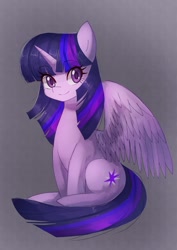 Size: 868x1228 | Tagged: safe, artist:plusplus_pony, imported from derpibooru, twilight sparkle, alicorn, pony, eyebrows, eyebrows visible through hair, female, gradient background, looking at you, mare, sitting, smiling, smiling at you, solo, twilight sparkle (alicorn)