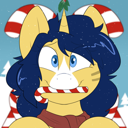 Size: 2000x2000 | Tagged: safe, artist:2k.bugbytes, imported from derpibooru, oc, oc only, oc:flash reboot, pony, unicorn, bust, candy, candy cane, christmas, clothes, commission, female, food, holiday, holly, holly mistaken for mistletoe, horn, looking at you, mare, mouth hold, portrait, scarf, smiling, smiling at you, snow, snowfall, solo, unicorn oc, ych example, your character here